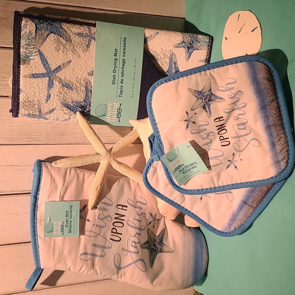 BEACHY Kitchen Drainer Towel, Pot Holder, Oven Mitt set NWT Starfish theme